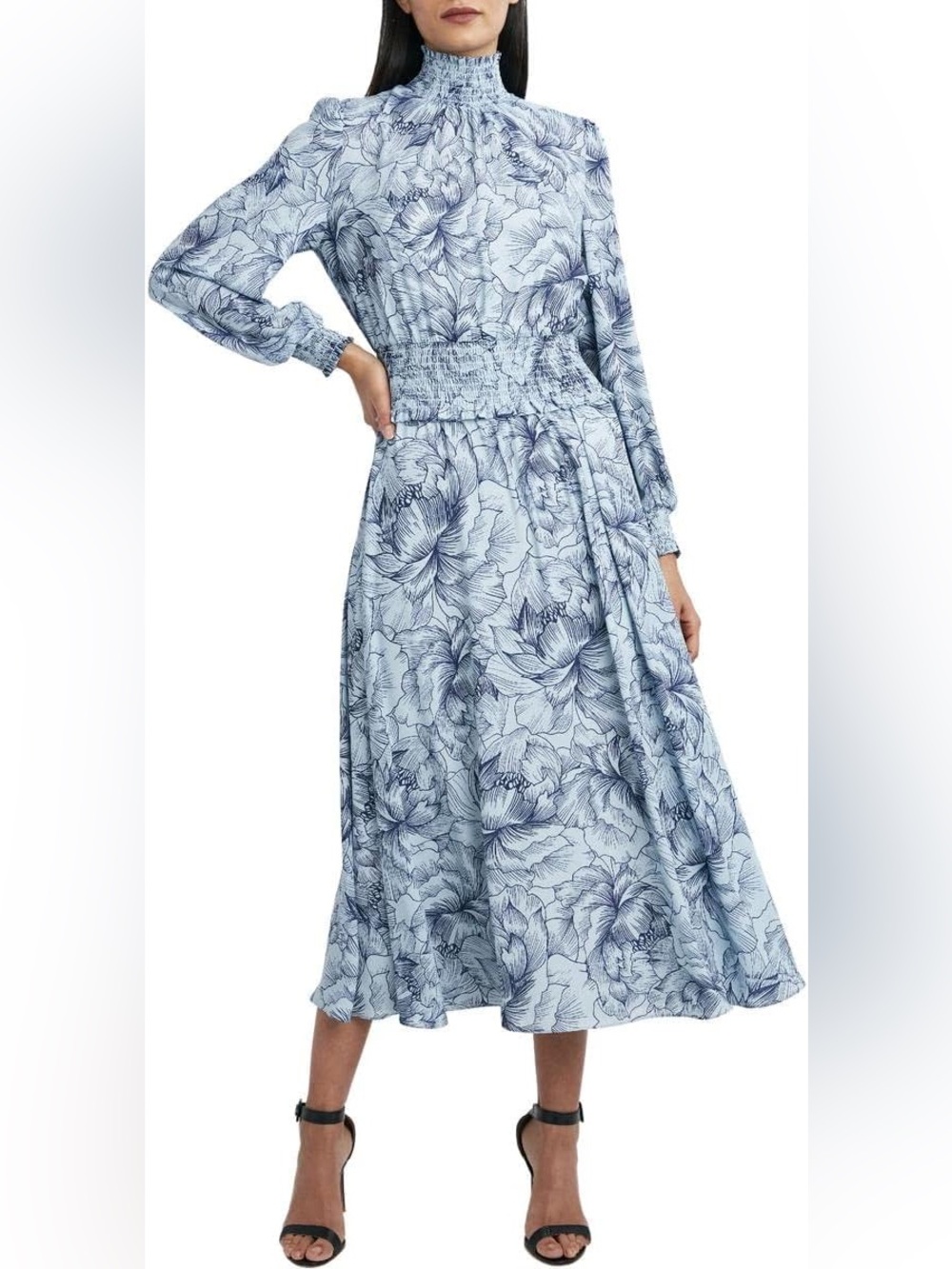NWT - BCBG Light Blue Floral High-Neck Midi Dress
